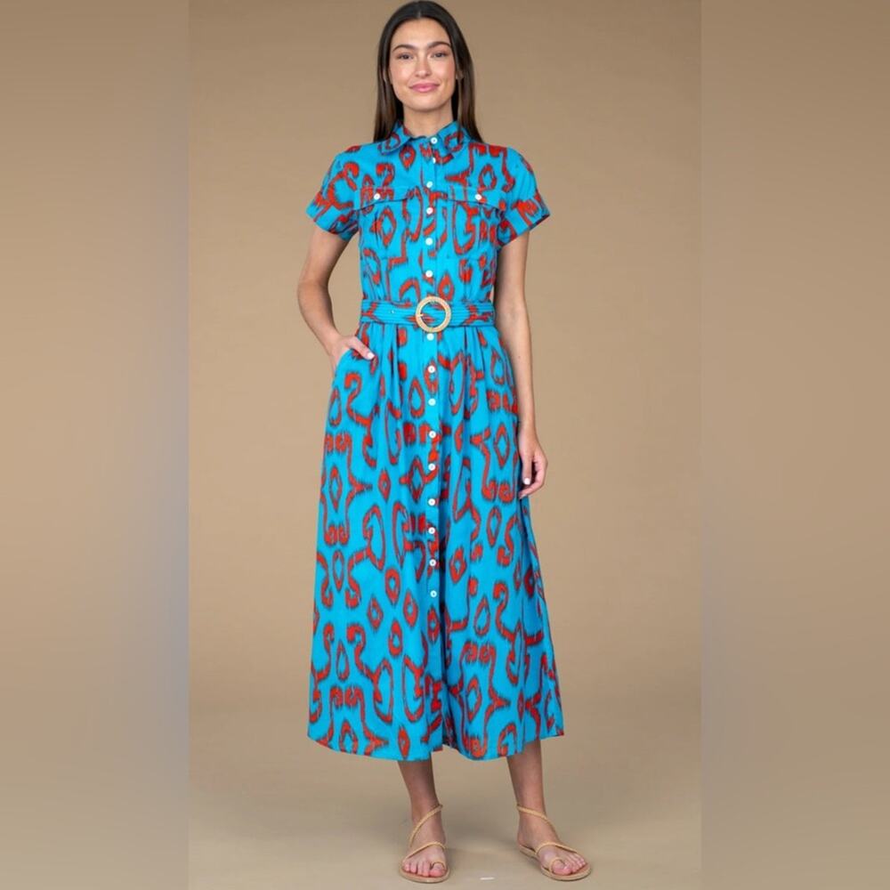 Olivia James Ikat Maxi Shirtdress Womens M Blue Excellent Boho Missing Belt